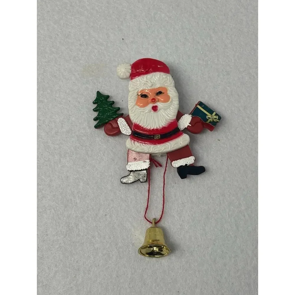 Vintage Plastic Santa Brooch Pin Pull String Arms Legs Move Hong‎ Kong Christmas